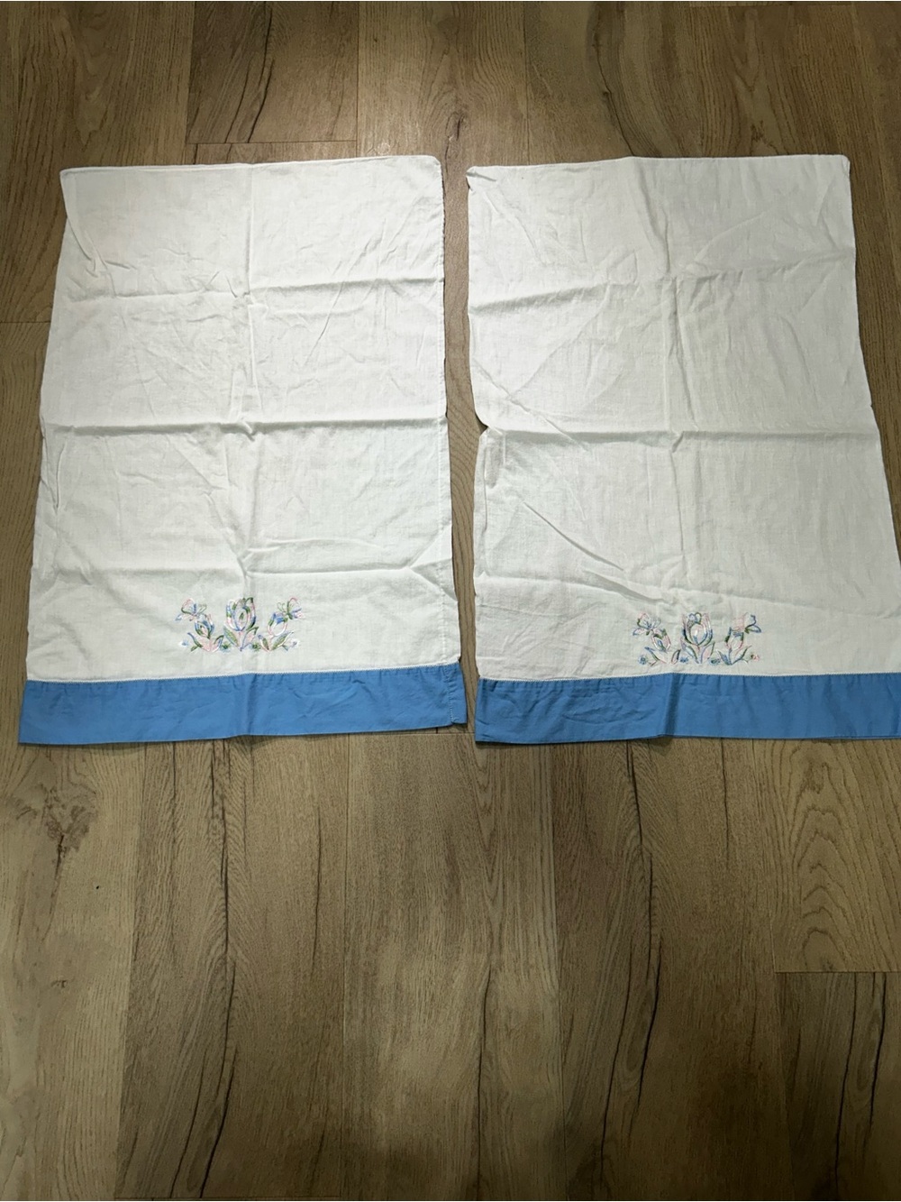 White & Blue Embroidered Pillowcase Pair - Floral Detail